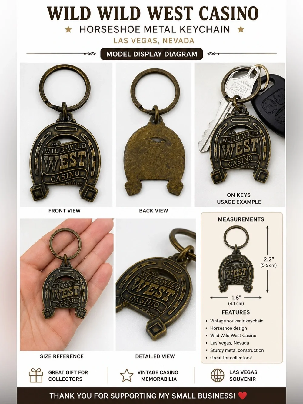 Wild Wild West Casino Las Vegas NV Horseshoe Metal Keychain Vintage Souvenir